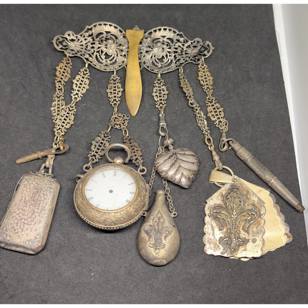 Rare Victorian Chatelaine 19C 7 Piece Scent Bottle Watch Powder Compact Notebook - Picture 9 of 13